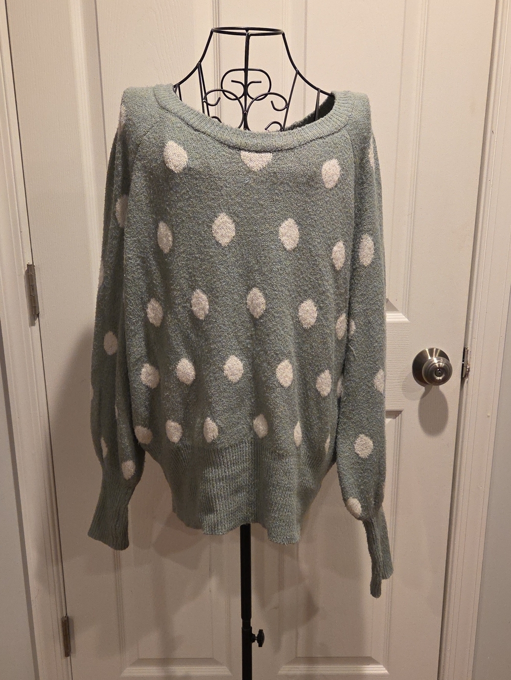 LC Lauren Conrad Sage Green Polka Dot Off-the-Shoulder Sweater